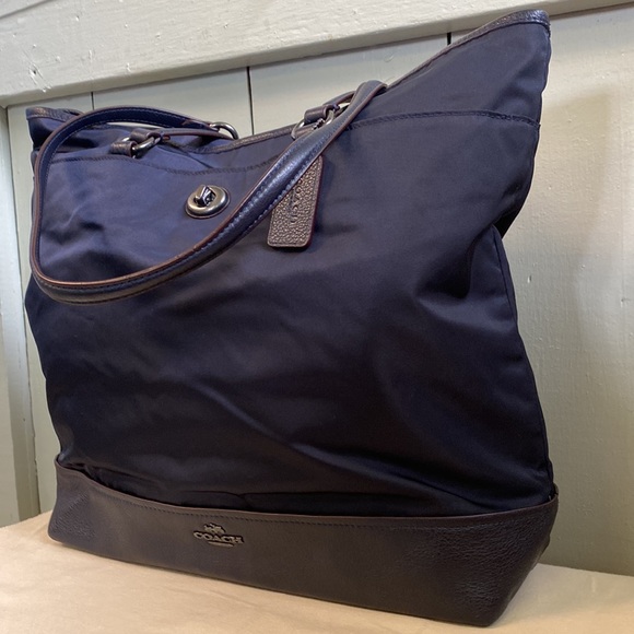Coach Nylon & Leather Large Tote In Midnight Blue - Picture 4 of 17